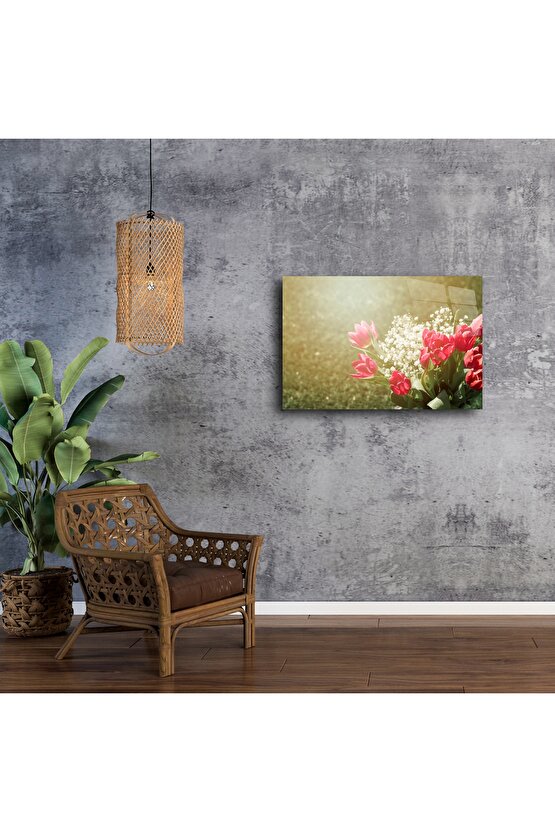 Pembe Laleler ve Bebek Nefesi Çiçekli Bahar Manzarası Duvar Tablosu