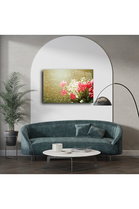 Pembe Laleler ve Bebek Nefesi Çiçekli Bahar Manzarası Duvar Tablosu