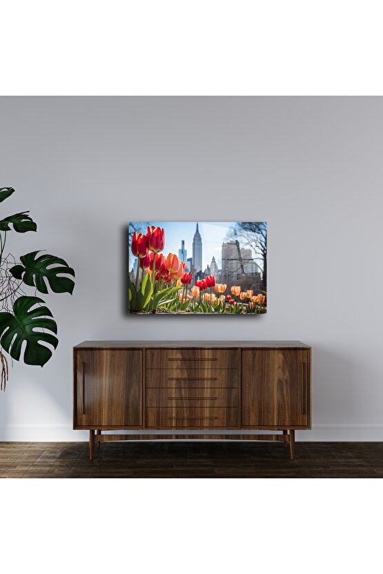 New York Manzaralı Lale Bahçesi Cam Tablo