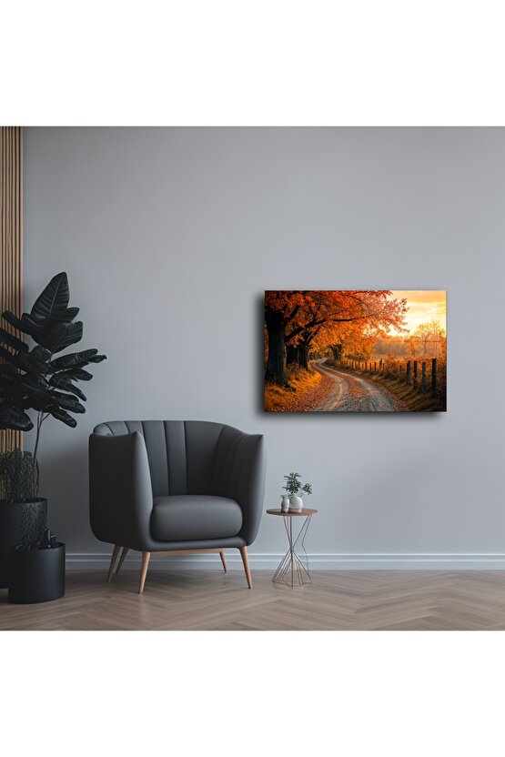 Rustik Sonbahar Ağaçlı Yol Cam Tablo