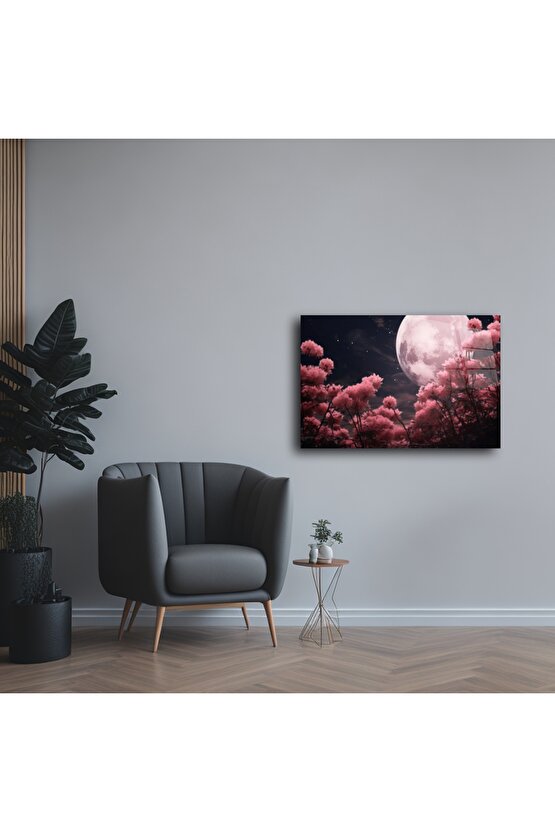 Cam Tablo Ay ve Çiçekli Gece Manzarası