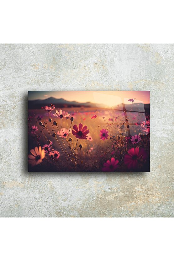 Altın Gün Batımı Çiçek Tarlası Cam Tablo