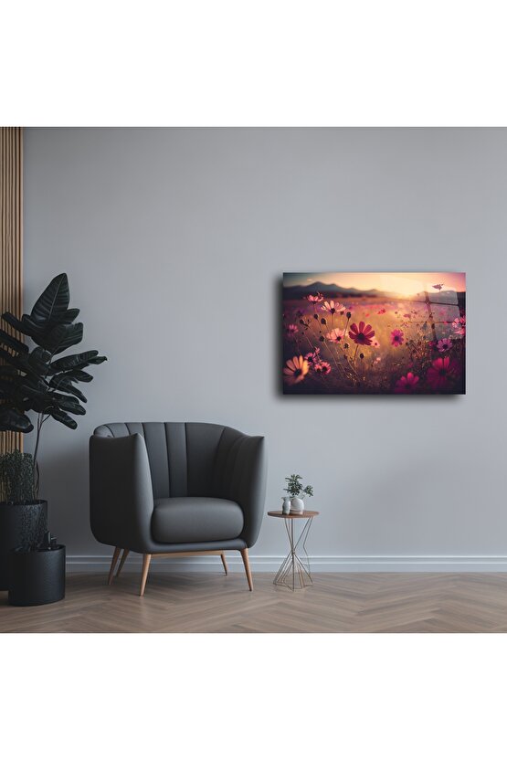 Altın Gün Batımı Çiçek Tarlası Cam Tablo