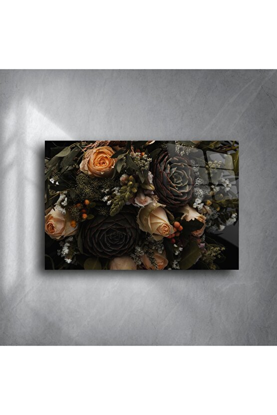 Lüks Koyu Renkli Gül ve Sukulent Duvar Tablosu