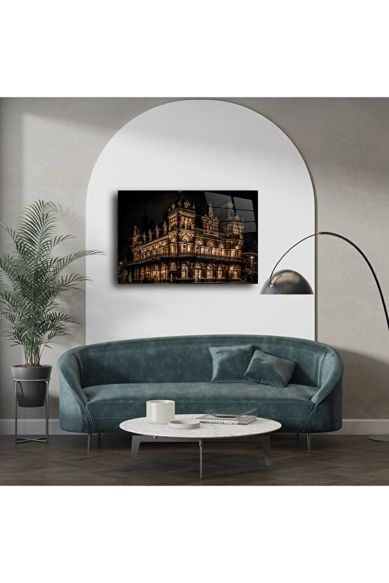 Gece Aydınlatmalı Tarihi Bina Cam Tablo