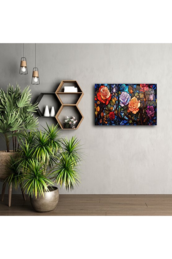 Renkli Çiçekli Gül Vitray Duvar Sanatı Paneli
