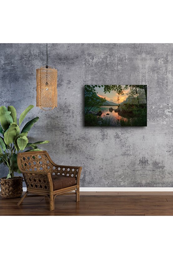 Cam Duvar Sanatı Gün Batımı Göl Manzarası