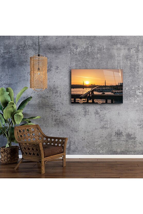Galata Köprüsü Gün Batımı Cam Duvar Tablosu