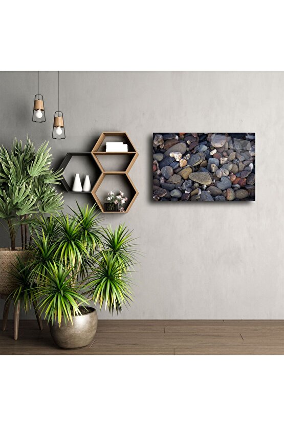 Doğal Koyu Renkli Çakıl Taşı Desenli Temperli Cam Tablo
