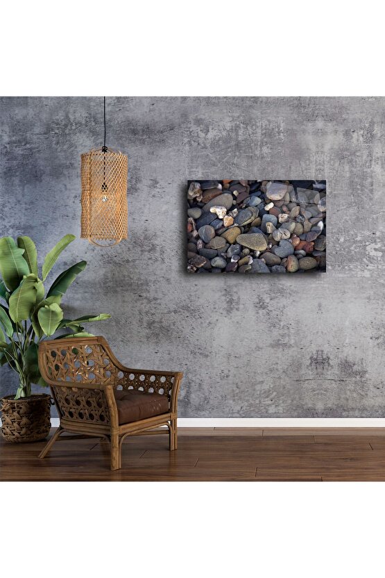 Doğal Koyu Renkli Çakıl Taşı Desenli Temperli Cam Tablo