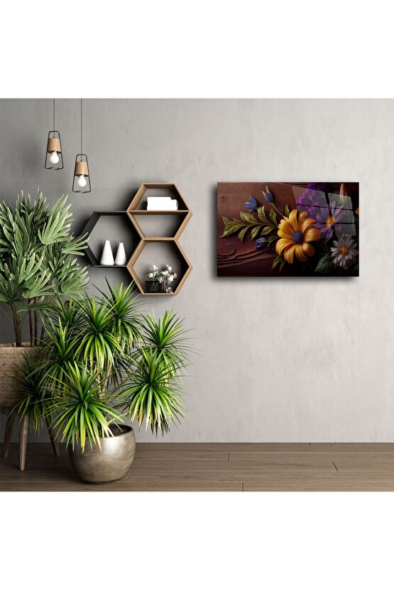 Ahşap Zeminli Çiçekli Cam Tablo