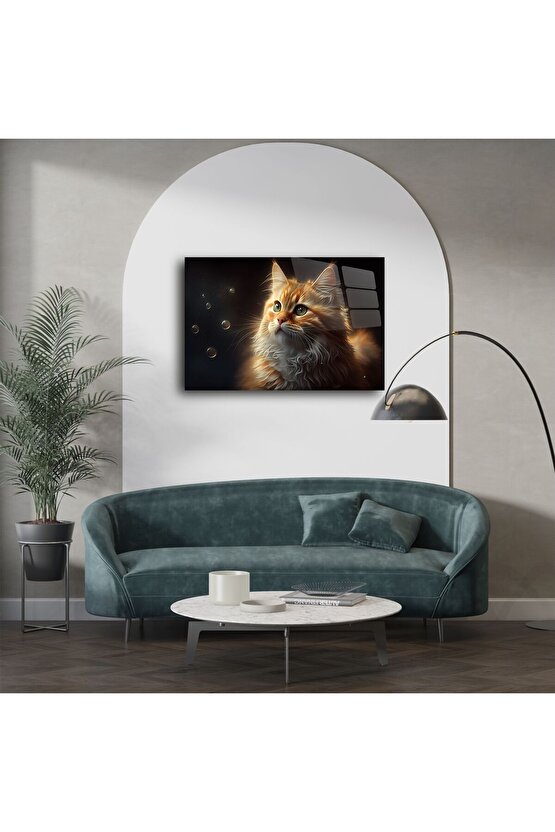 Kabarcıklara Bakan Turuncu Kedi Cam Tablo