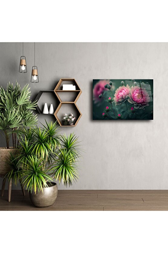 Lüks Cam Tablo Pembe Şakayık Çiçek Desenli Modern Duvar Dekoru
