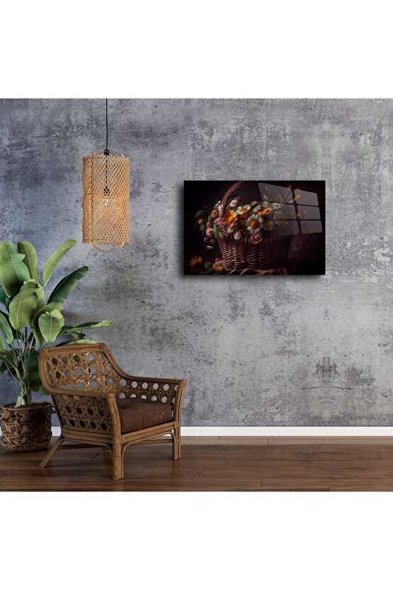 Rustik Hasır Sepette Papatya ve Bahar Çiçekleri Kanvas Cam Tablo