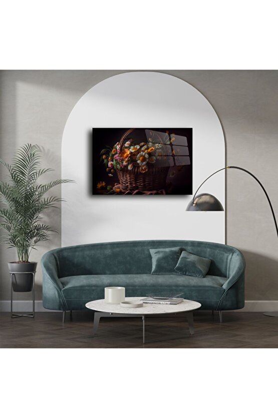 Rustik Hasır Sepette Papatya ve Bahar Çiçekleri Kanvas Cam Tablo