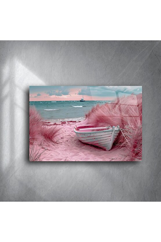 Pastel Sahil ve Tekne Cam Tablo
