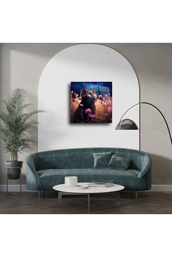 Yıldızlı Gece ve Çiçekler Arasında Siyah Kedi Cam Tablo