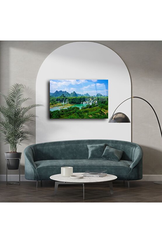 Tropikal Şelale Manzaralı Cam Tablo