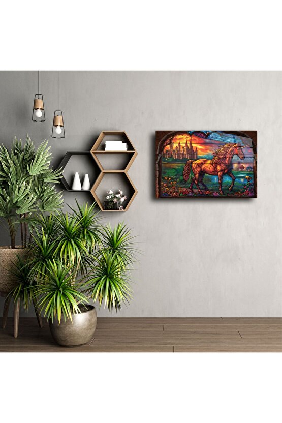 Tek Boynuzlu At ve Kale Cam Tablo