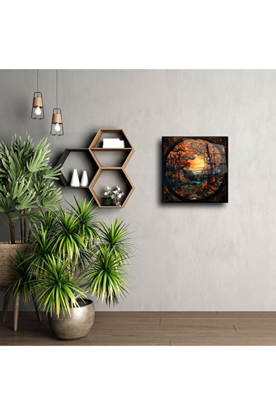 Sonbahar Ormanı Günbatımı Cam Tablo