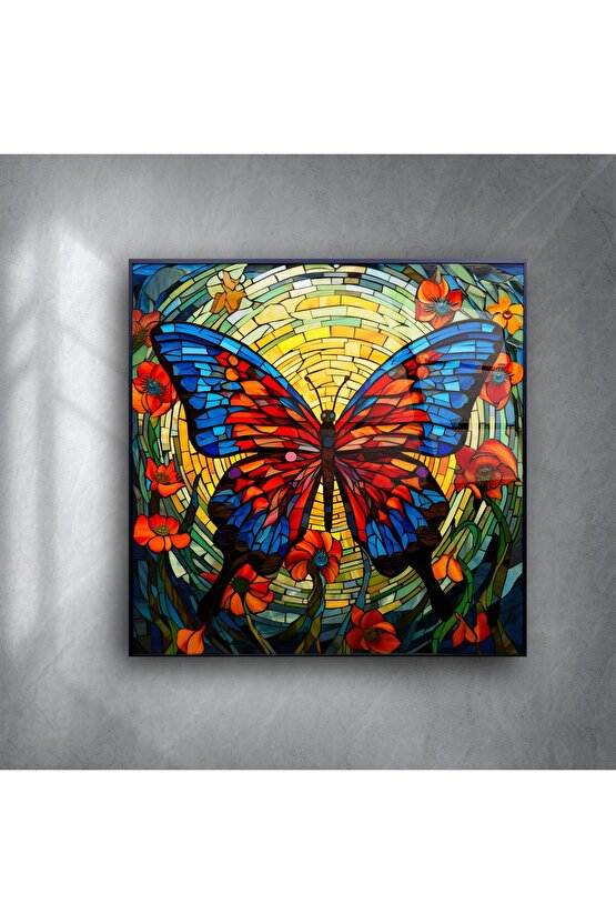 Cam Tablo Kelebek Desenli Renkli Sanat