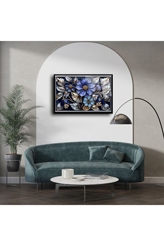 Lacivert Çiçekli Cam Tablo