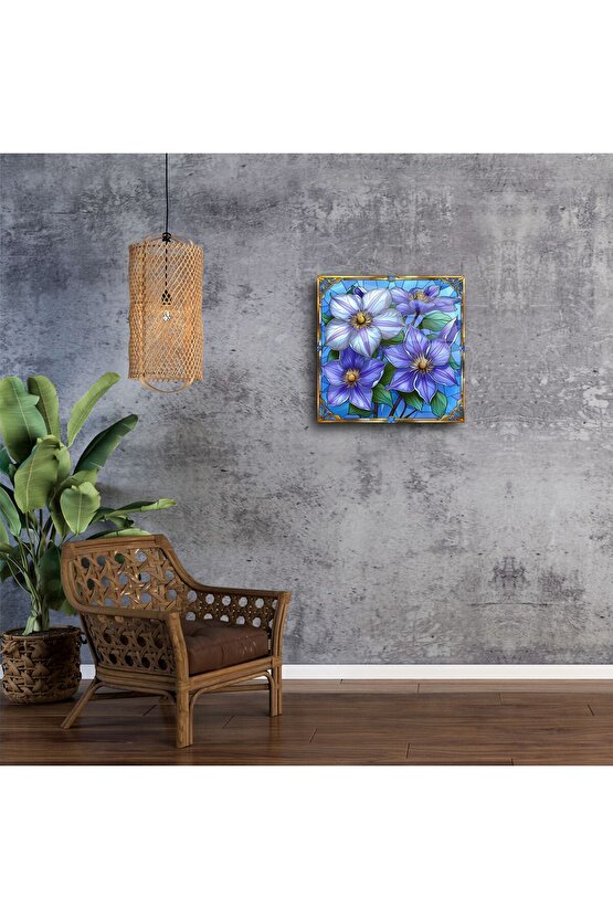 Mor ve Mavi Çiçekli Cam Tablo