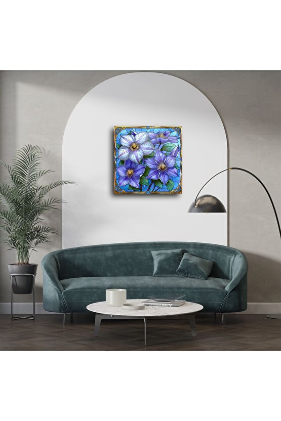 Mor ve Mavi Çiçekli Cam Tablo