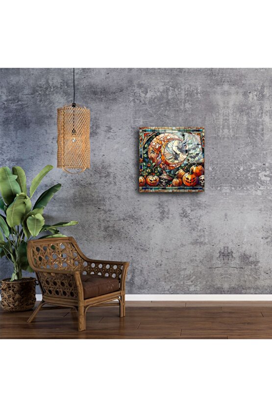 Balkabağı ve Hilal Ay Temalı Halloween Vitray Duvar Paneli