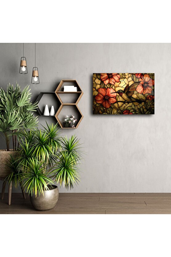 Kuş ve Çiçekli Cam Tablo