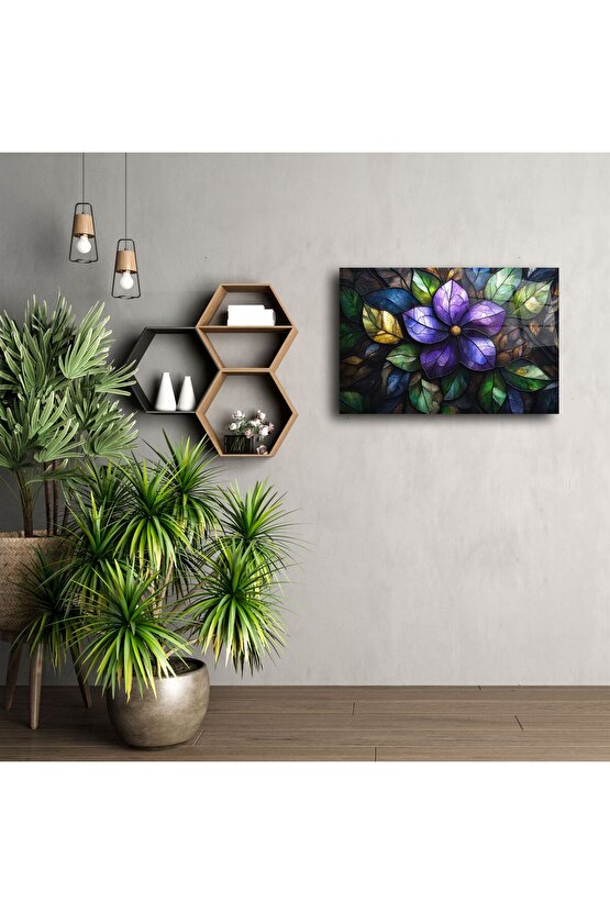 Mor Çiçek Desenli Cam Tablo