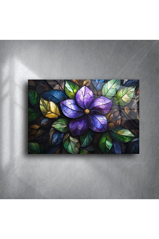 Mor Çiçek Desenli Cam Tablo