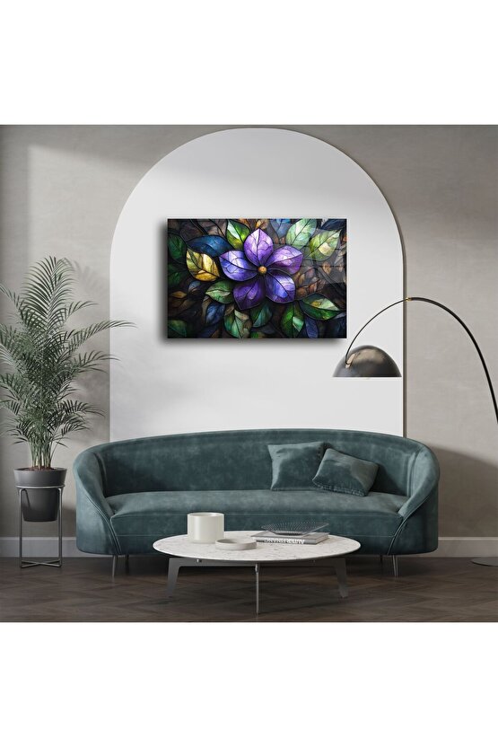 Mor Çiçek Desenli Cam Tablo