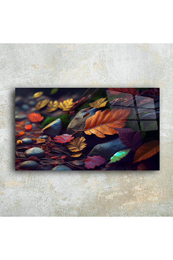 Renkli Yapraklar ve Taşlar Cam Tablo Duvar Dekoru