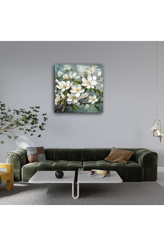Beyaz Çiçekler Cam Tablo Duvar Dekoru