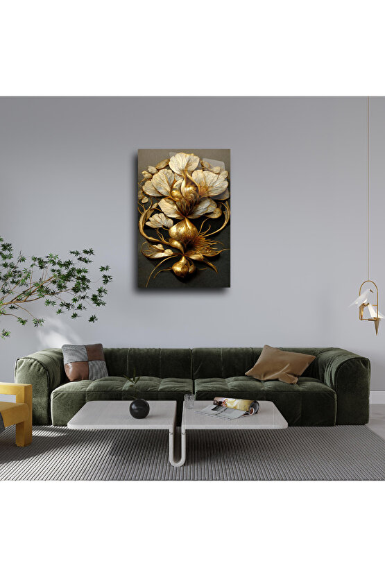 Altın Saksıda Beyaz Çiçekler Cam Tablo Duvar Dekoru