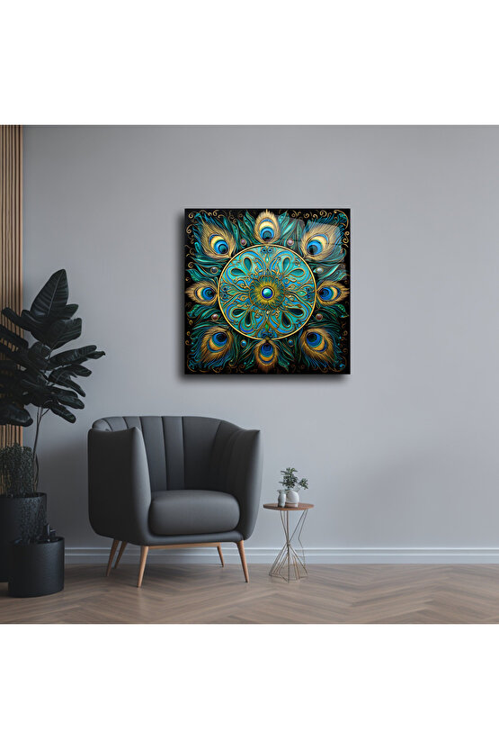 Tavus Kuşu Tüyü Mandala Cam Tablo Duvar Dekoru