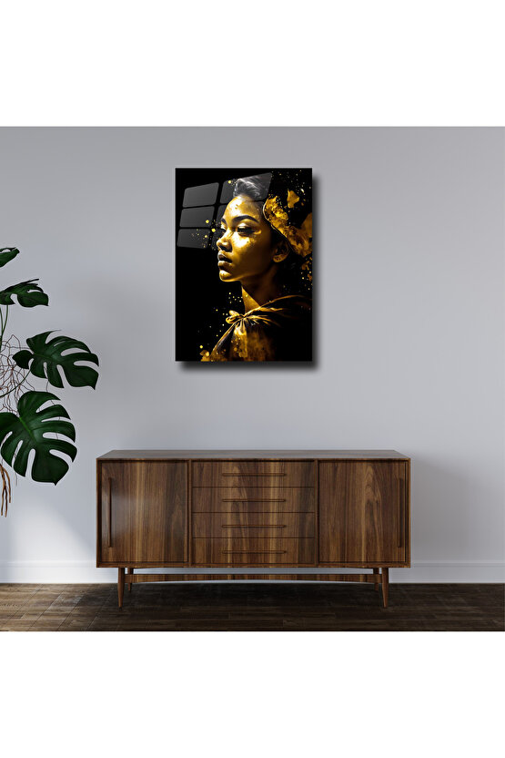 Gold Kadın Görseli Cam Tablo Duvar Dekoru 3
