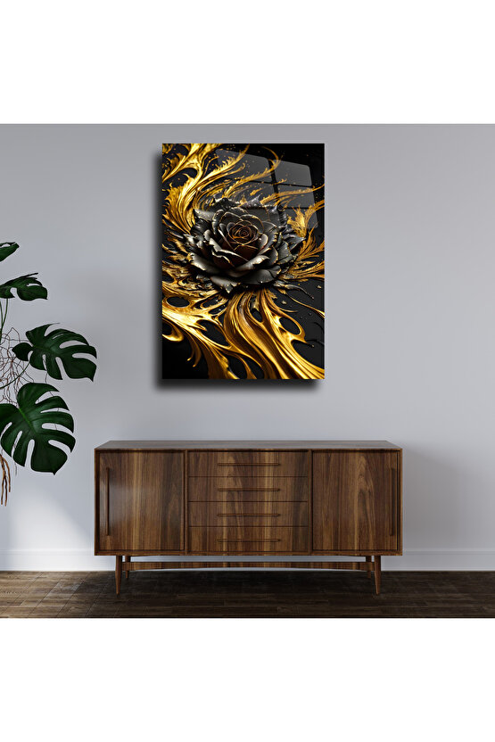 Gold Renkli Gül Cam Tablo Duvar Dekoru 2