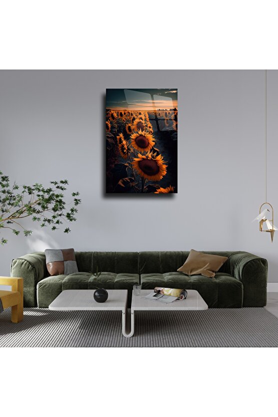 Ay Çiçek Temalı Cam Tablo Duvar Dekoru