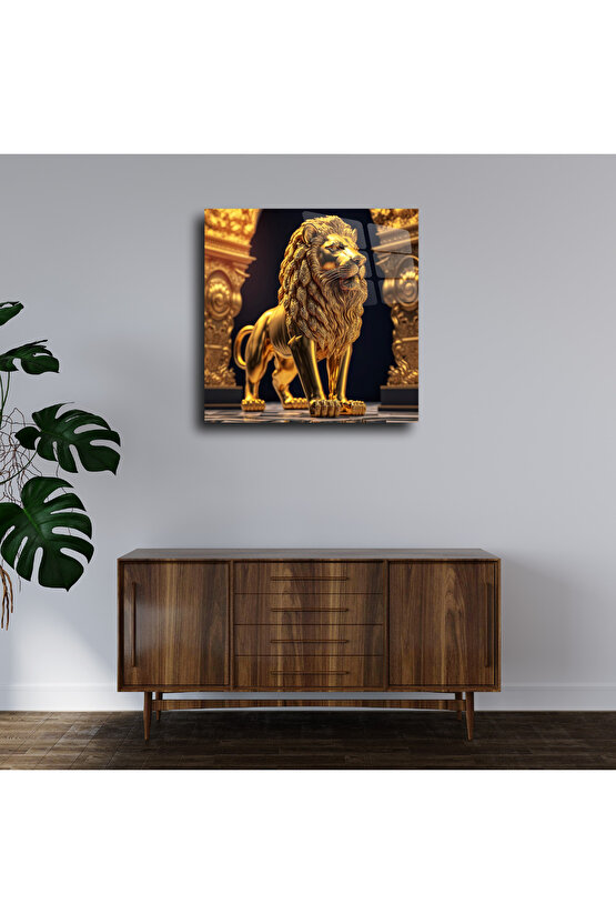 Gold Altın Sarısı Aslan Cam Tablo Duvar Dekoru
