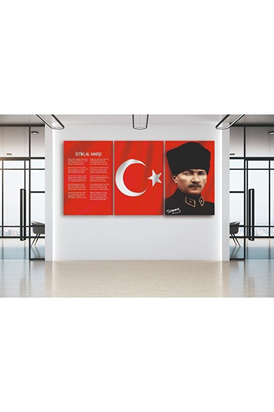 Atatürk, Türkiye Bayrağı ( Ay Yıldız Bayrak ) İstiklal Marşı Üçlü Kombin Cam Tablo Dekoru