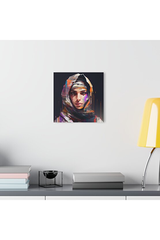 Müslüman Kız Sulu Boya Türban Başörtüsü İslam Cam Tablo Duvar Dekoru