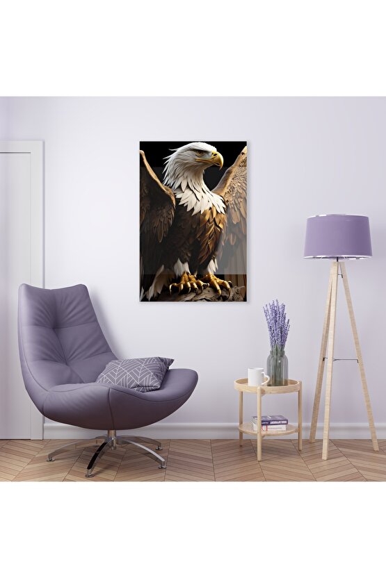 Beyaz Gold Renkli Kartal Cam Tablo Duvar Dekoru