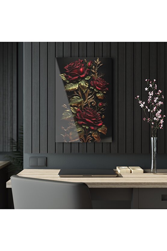 Kırmızı Gold Renkli Gül Cam Tablo Duvar Dekoru