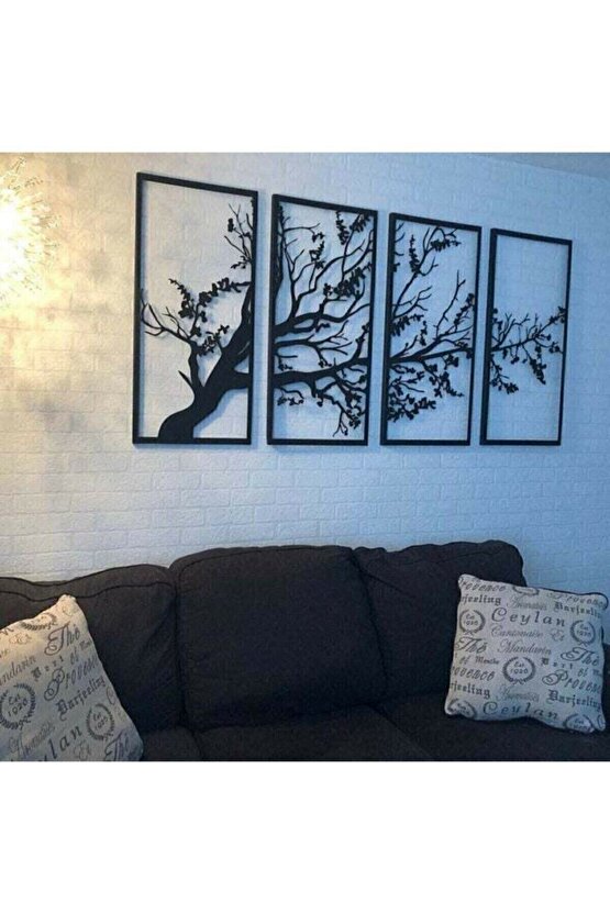 Dekoratif Son Bahar Siyah 4lü Hayat Ağacı Ahşap Tablo