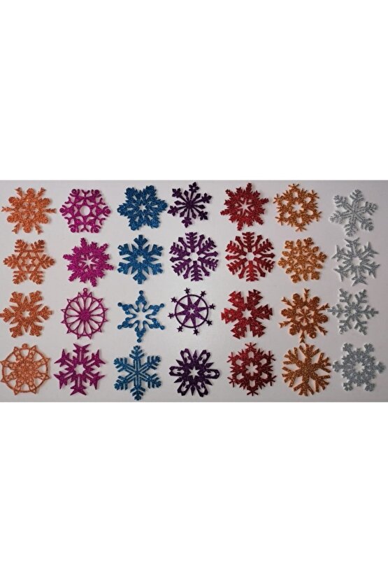 7 Farklı Renkte Kar Tanesi Simli Eva Ağaç Ve Hediye Süsü 8 X 8 cm 28 Li