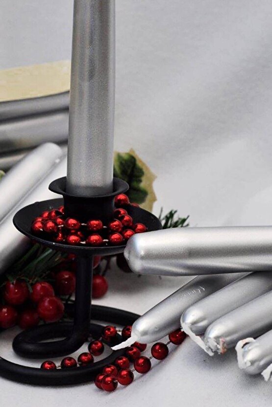 4 Adet Gümüş Varaklı Gri Renk Silindir Konik Şamdan Mumu Sedefli Uzun Ince Konik 4lü 2x25 Cm