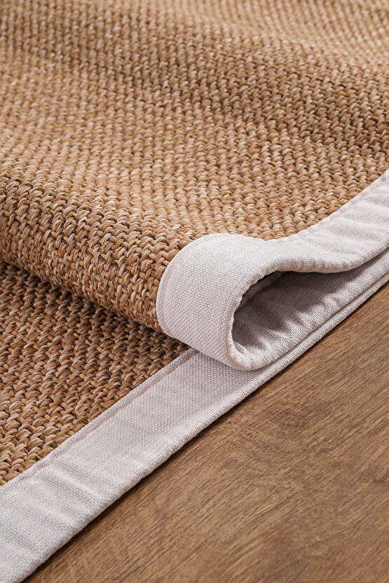 0604-Krem Kumaş Bordür Sisal Halı Kilim Hav Toz Vermez Kolay Temizlenen Hasır Kilim