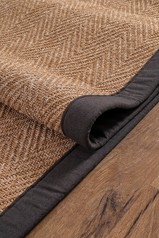 0503-Antrasit Kumaş Bordür Sisal Halı Kilim Hav Toz Vermez Kolay Temizlenen Hasır Kilim